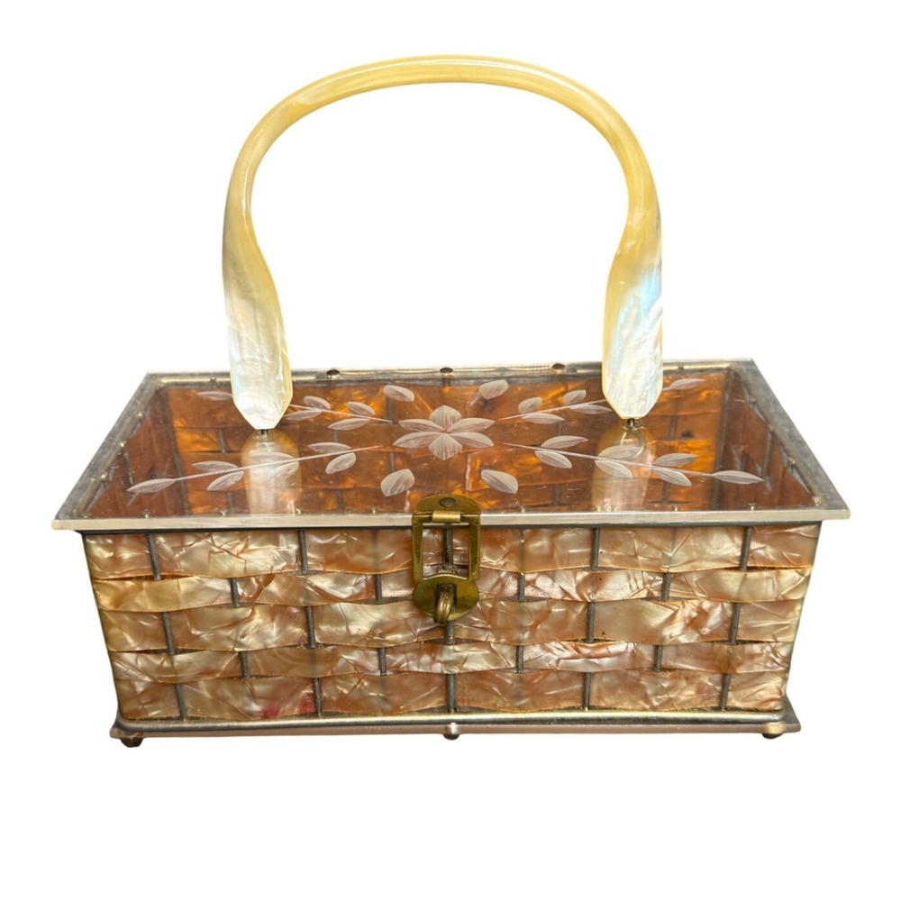 Vintage Lucite Box Bag Amber Woven Pearlescent Etched Floral Mid Century Modern
